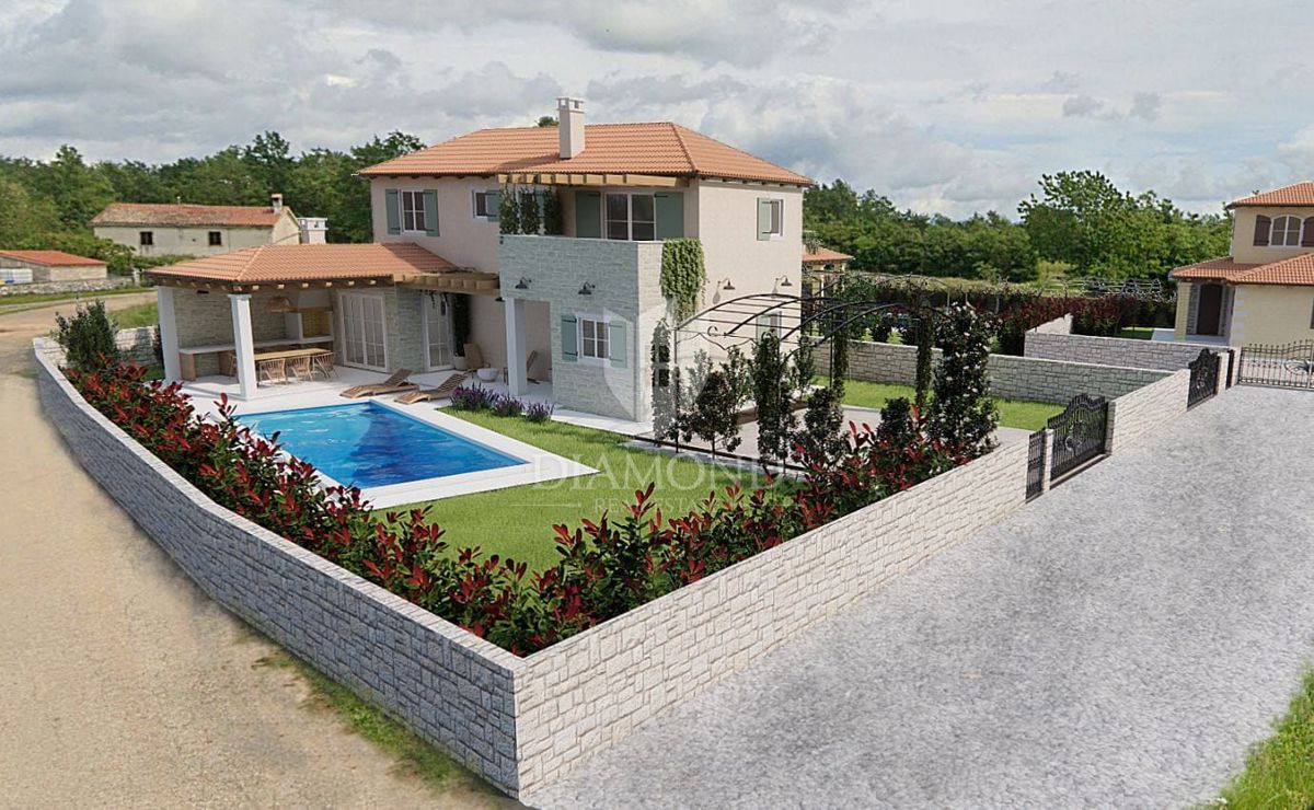 Žminj, okolica, nova hiša z bazenom v podeželski idili