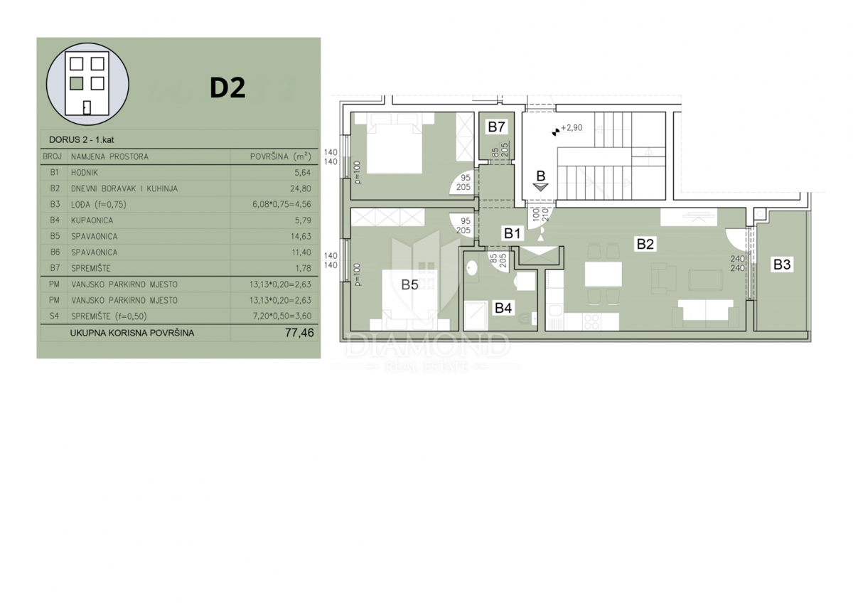 Pula: udobno 2-sobno stanovanje z 2 parkirnima mestoma