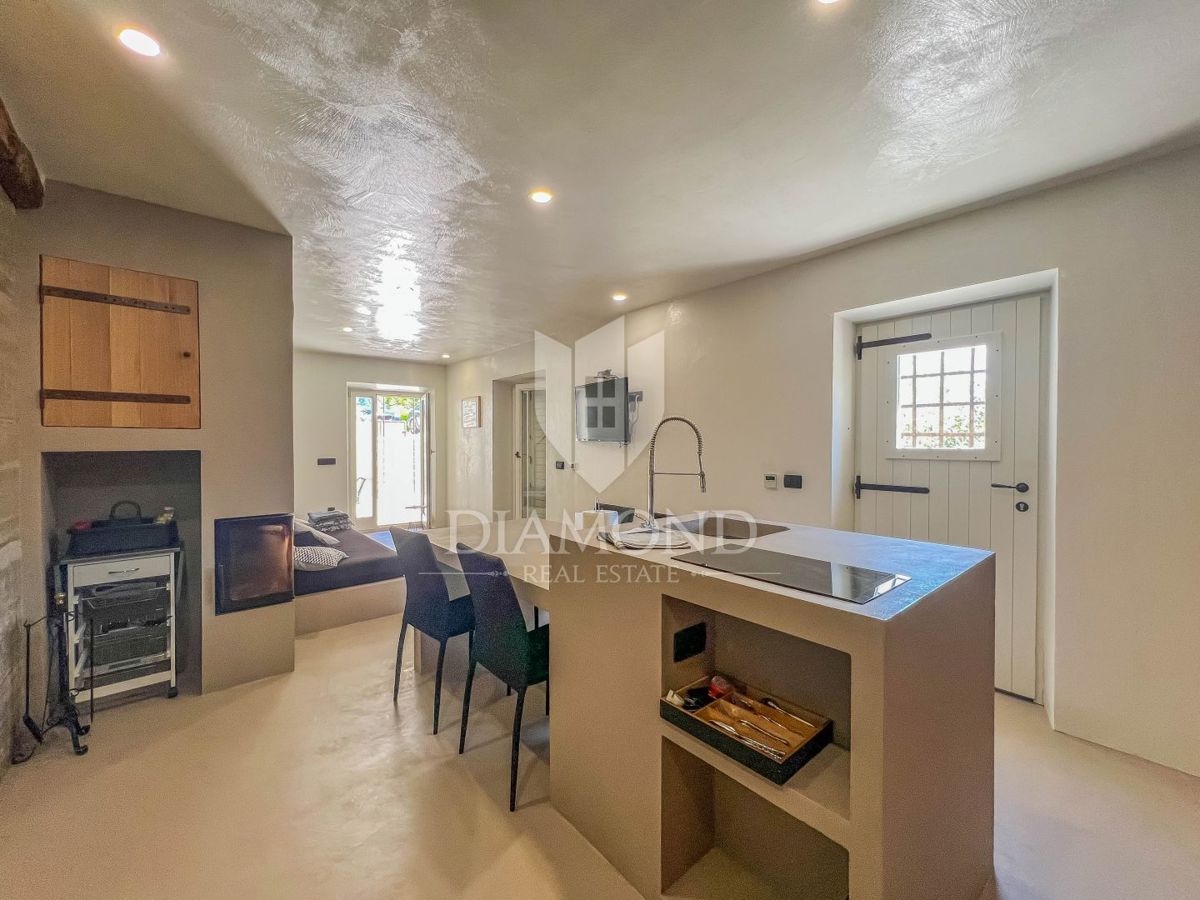 Okolica Oprtlja, dizajnerska kamnita hiša z bazenom