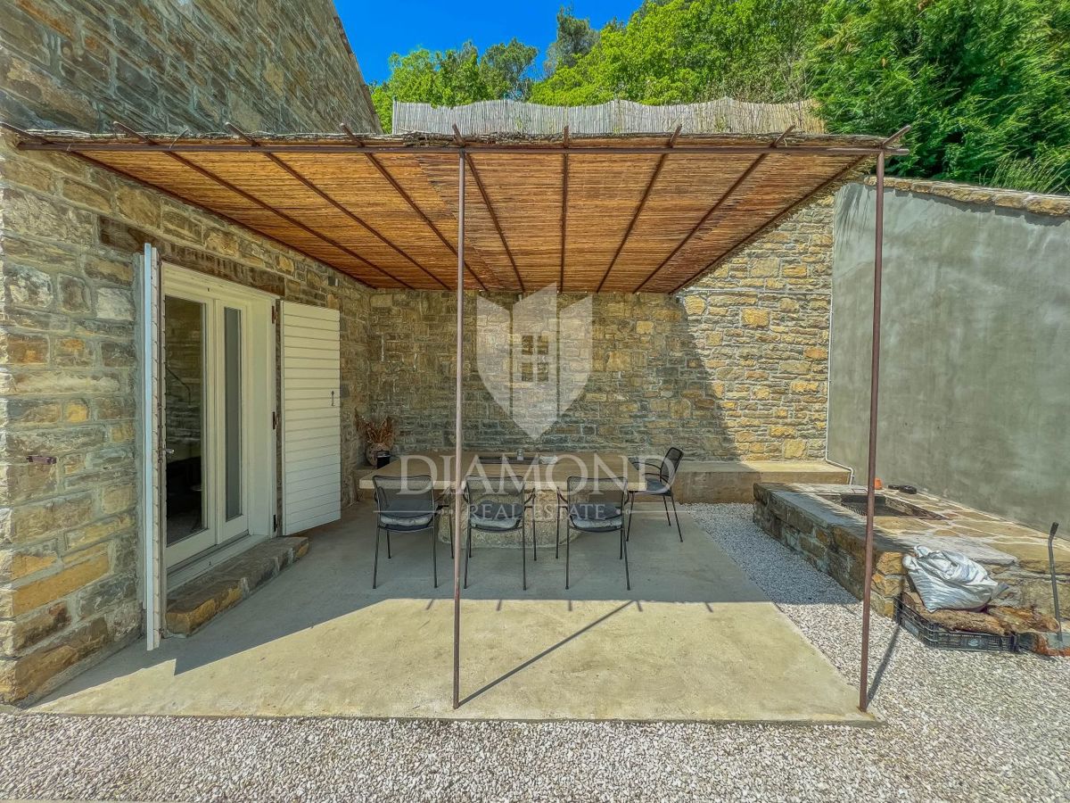 Okolica Oprtlja, dizajnerska kamnita hiša z bazenom