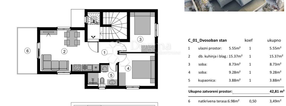 ROGOZNICA - APARTMA S STREŠNO TERASO V 2. VRSTI OD MORJA