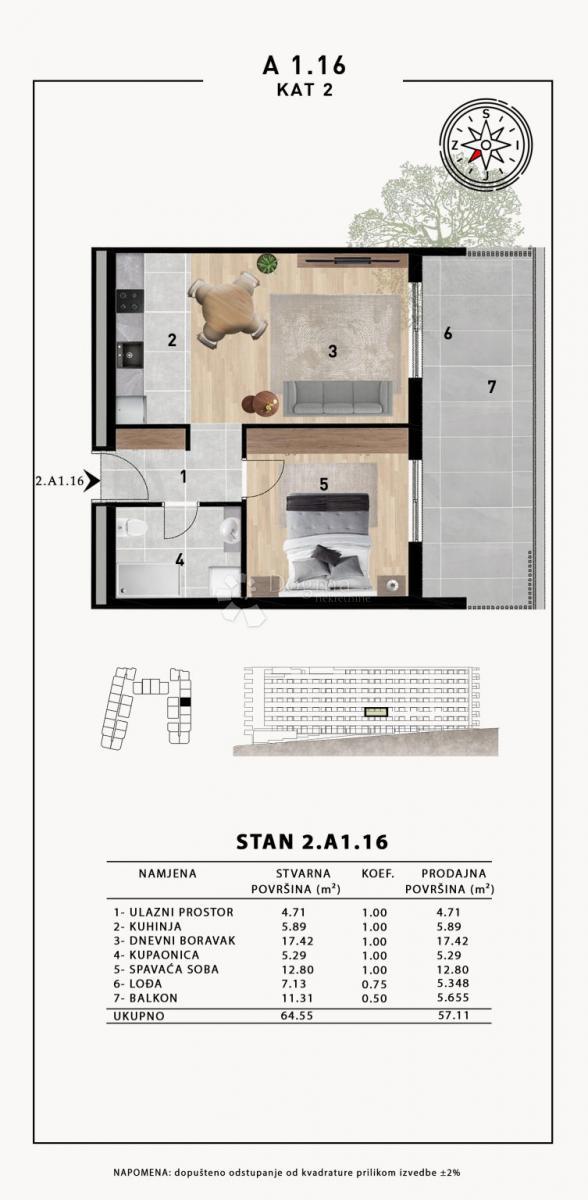 Stanovanje Crvene kuće, Zadar, 51,98m2