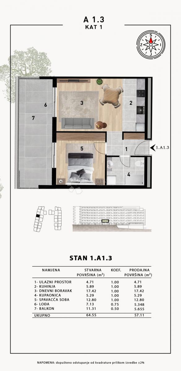 Stanovanje Crvene kuće, Zadar, 51,98m2