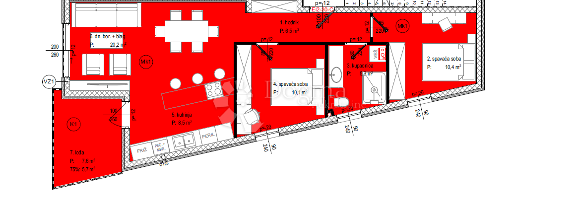 Stanovanje Crvene kuće, Zadar, 72,20m2