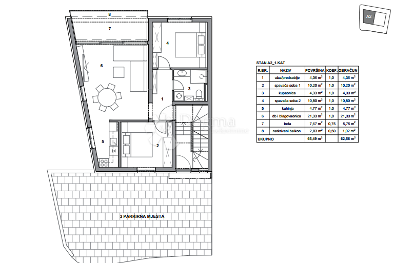 Apartma Postira, 62,92m2
