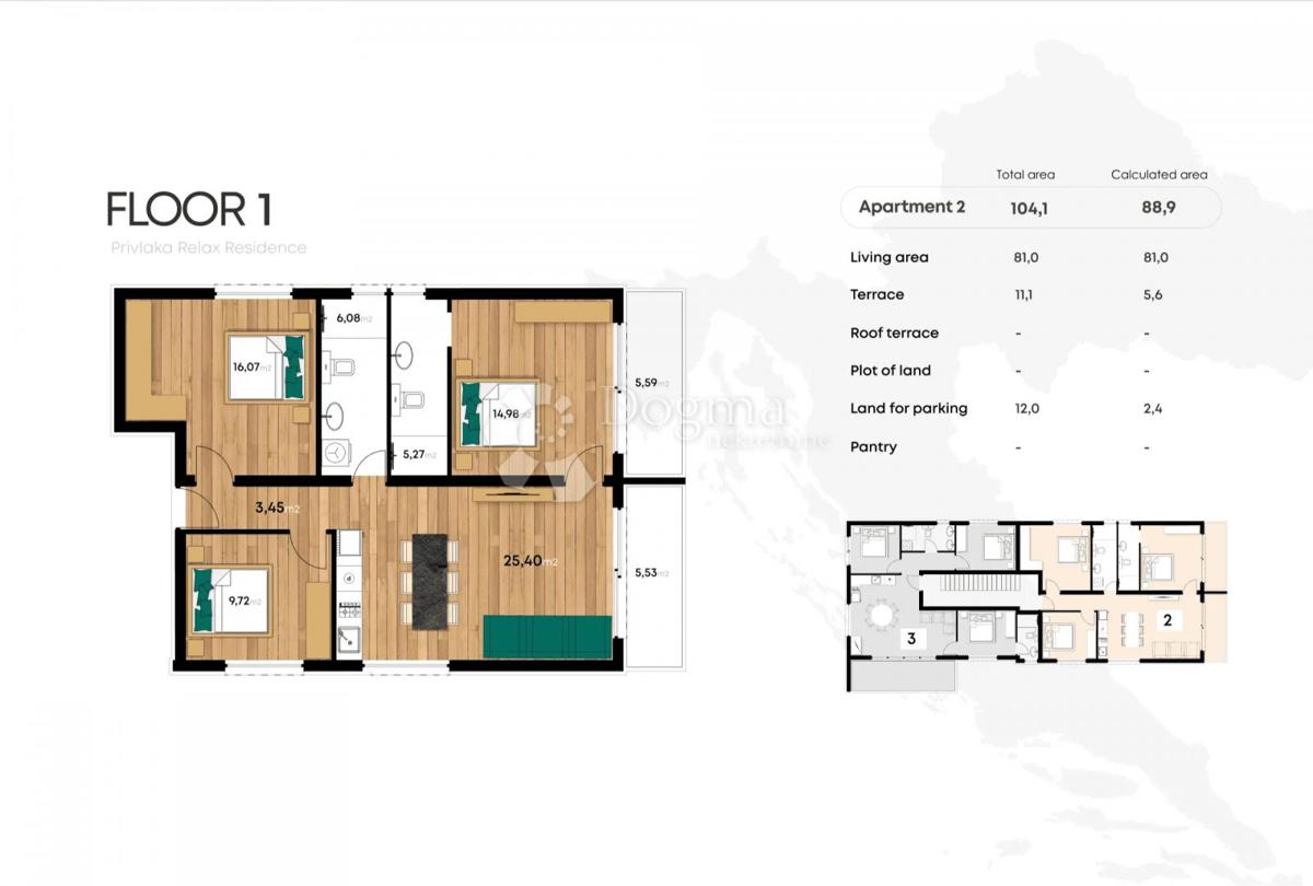 Apartma S2 Privlaka – 1. nadstropje, 3 spalnice, novogradnja v bližini morja