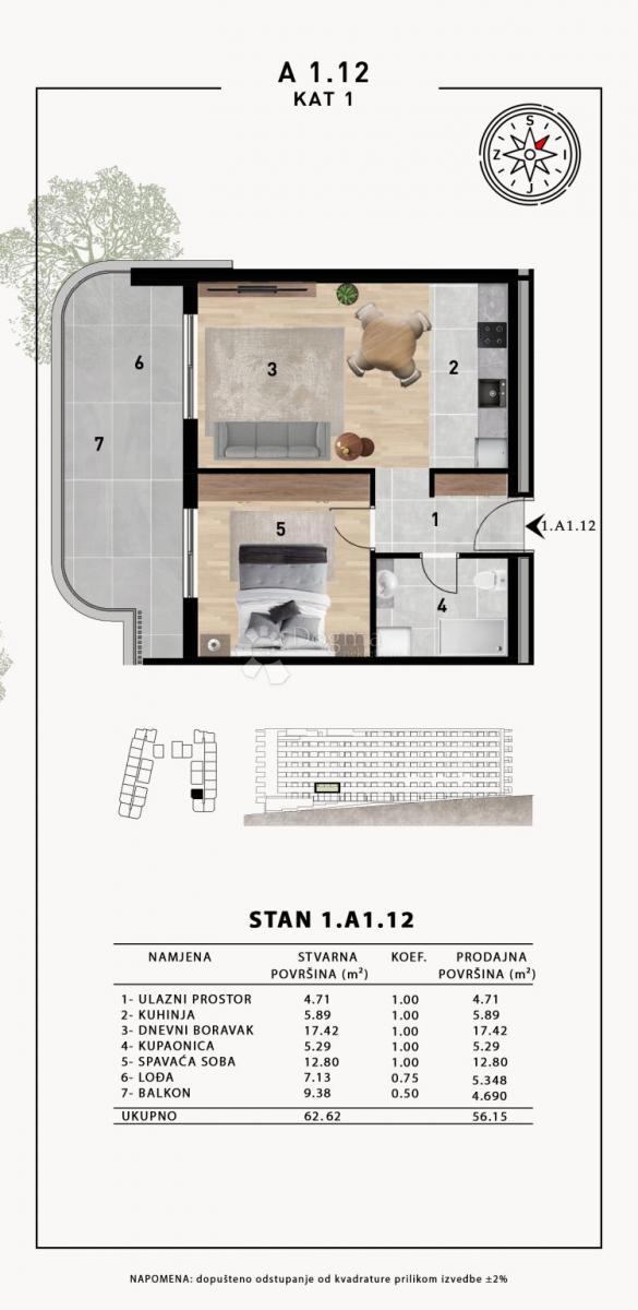 Stanovanje Crvene kuće, Zadar, 51,98m2