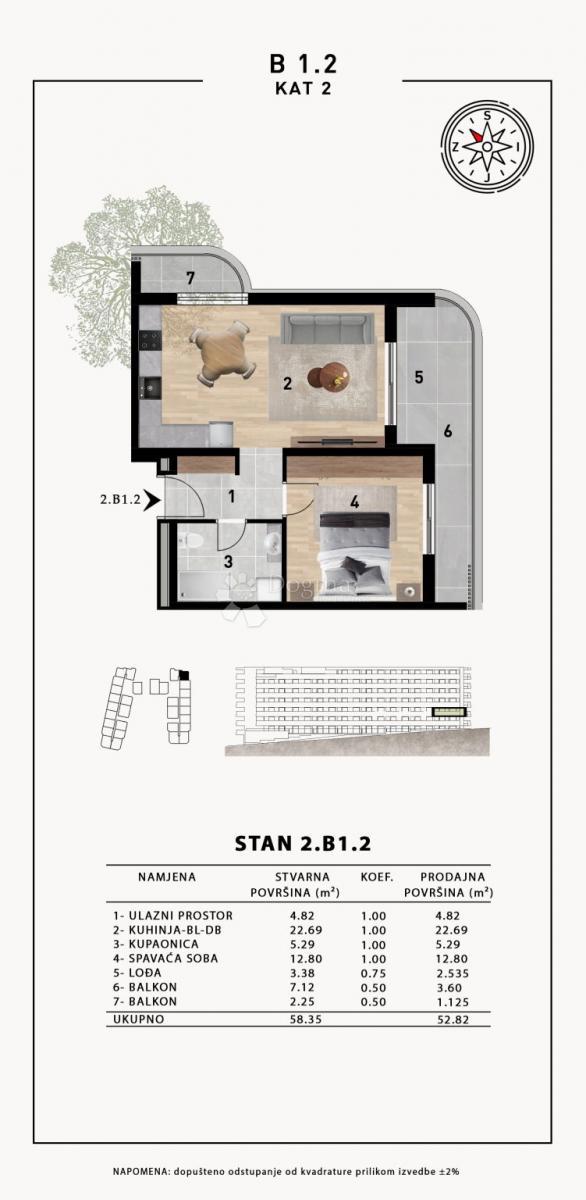 Stanovanje Crvene kuće, Zadar, 51,98m2