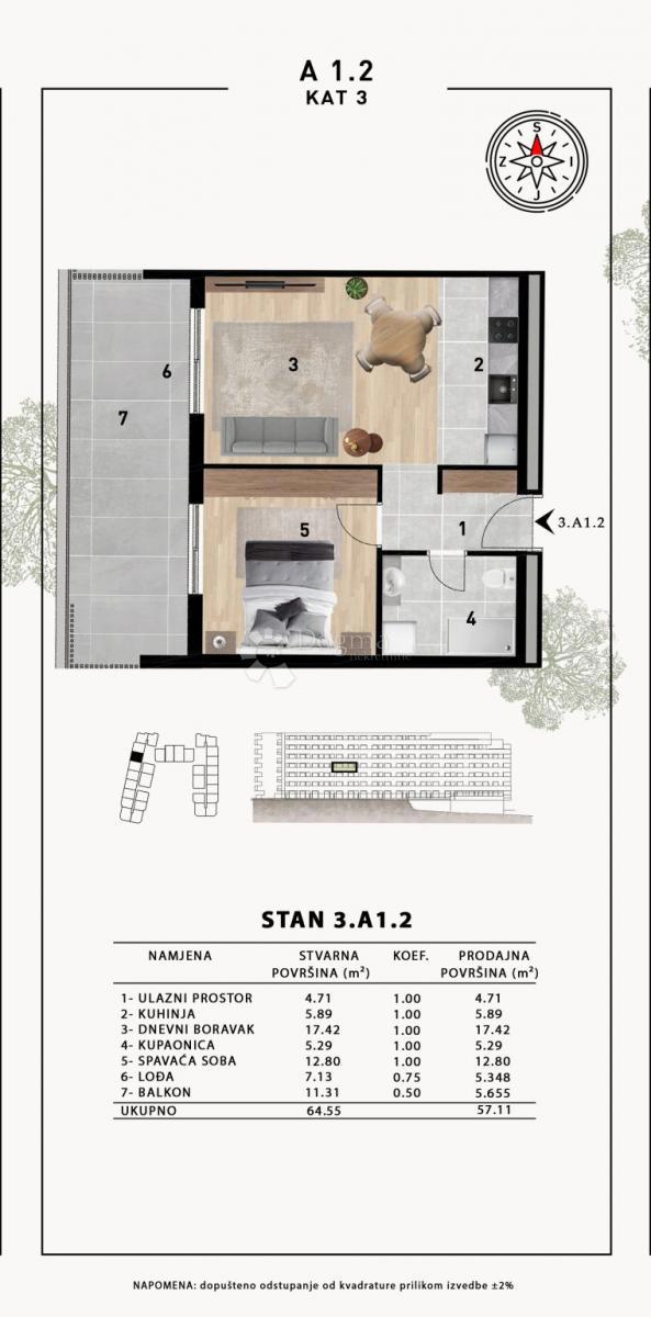 Stanovanje Crvene kuće, Zadar, 51,98m2