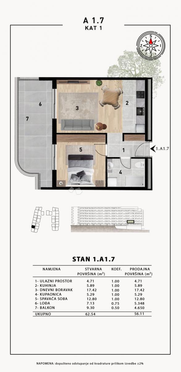 Stanovanje Crvene kuće, Zadar, 51,98m2