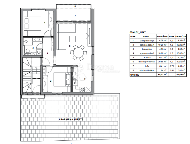 Apartma Postira, 62,92m2