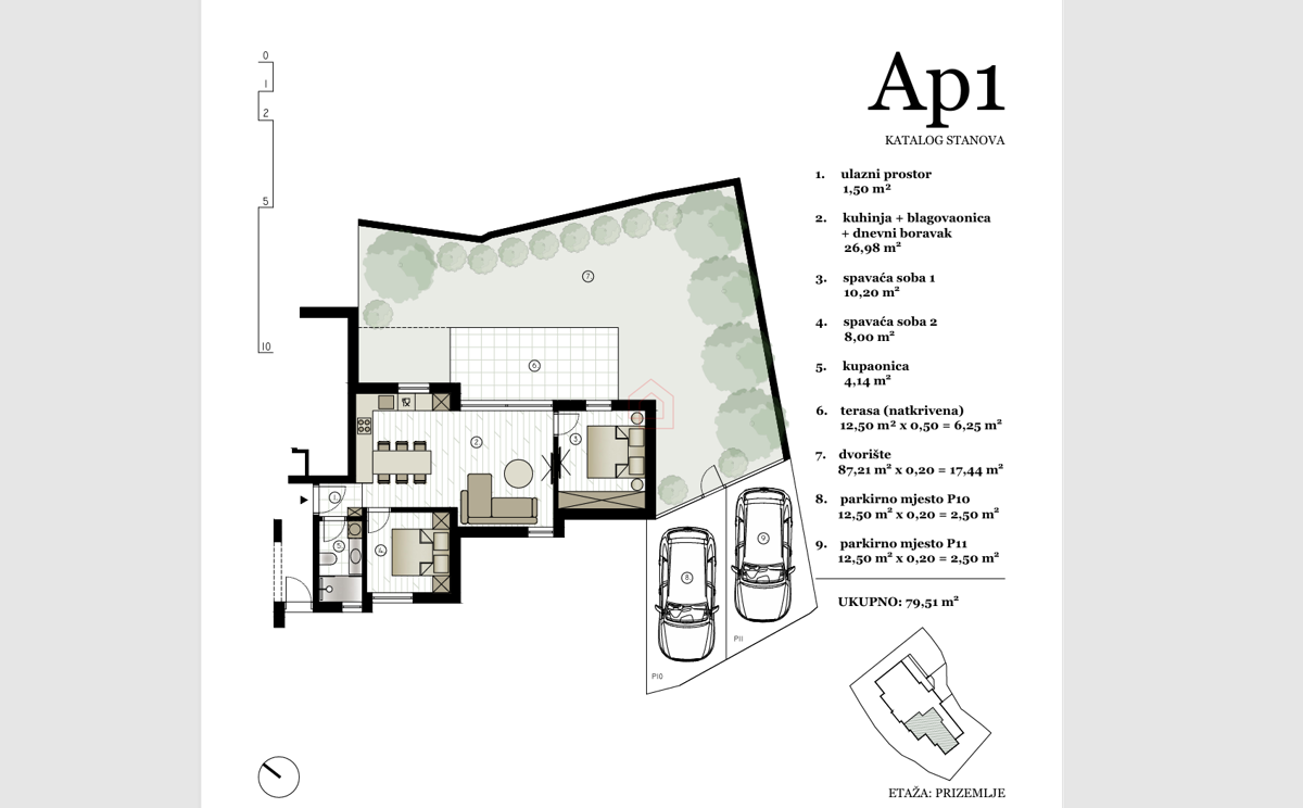 Stan v pritličju zgradbe z dvema spalnicama in dvema parkirnima mestoma