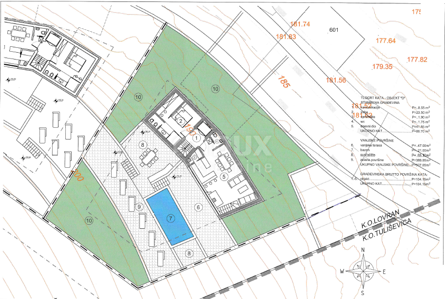 OPATIJA, LOVRAN, LIGANJ - zemljišče 1250m2 s pogledom na morje za stanovanjsko gradnjo - stanovanja / apartmaji / družinska hiša / vila / za najem hiš z bazenom / počitniška hiša z bazenom