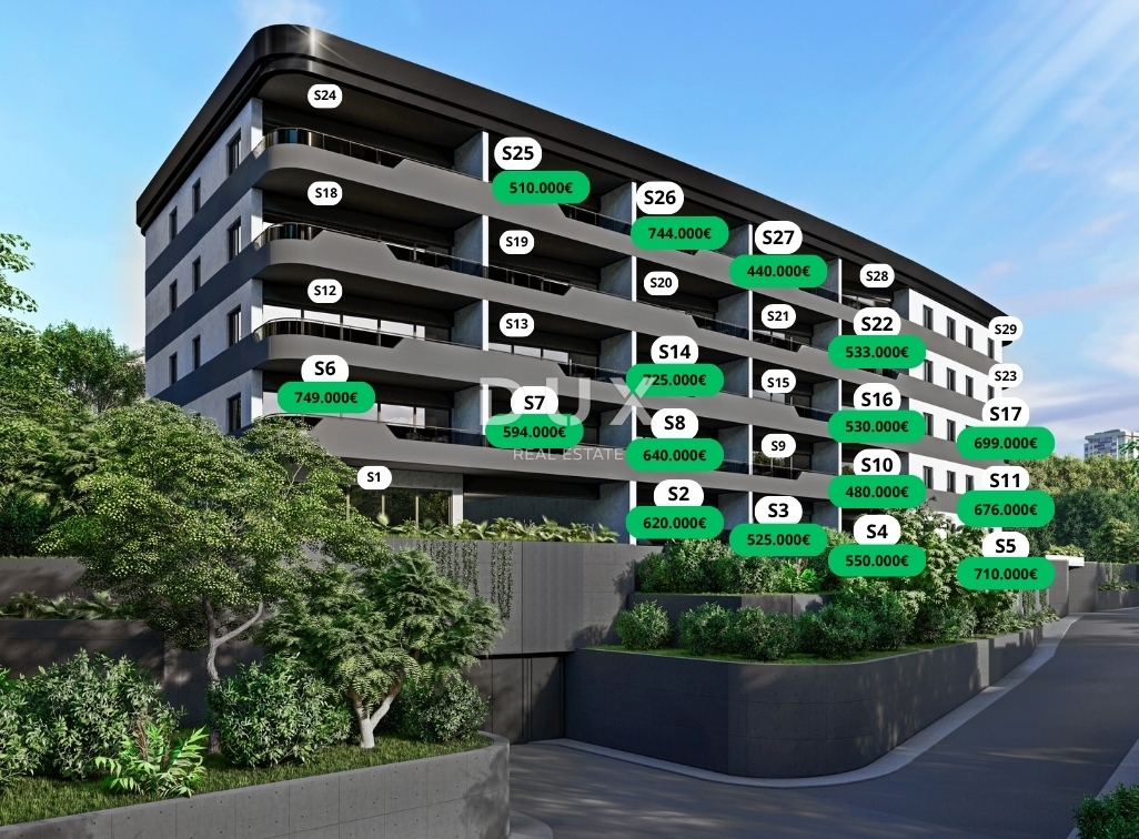 RIJEKA, KANTRIDA - 155 m2 veliko stanovanje v luksuzni novogradnji le 250 metrov od morja z garažo in panoramskim pogledom na morje