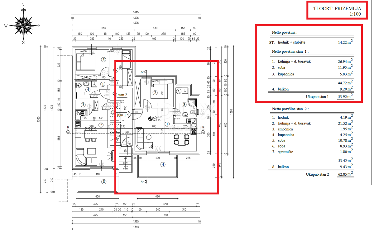 RIJEKA, PEHLIN, PODMURVICE - stanovanje 53,92m2 v novogradnji s pogledom na morje, dnevna soba + 1 spalnica, pritličje - STANOVANJE 1D