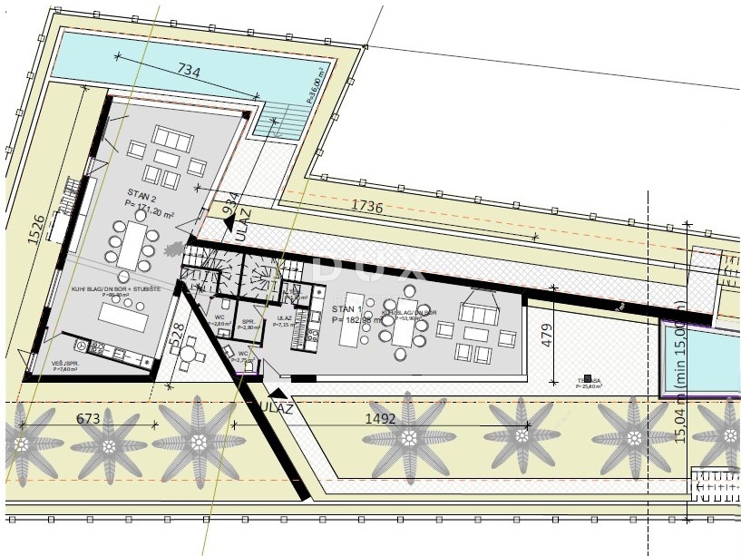 RIJEKA, KOSTRENA - zemljišče s projektom, druga vrsta do morja, za dvojne vile z bazenom