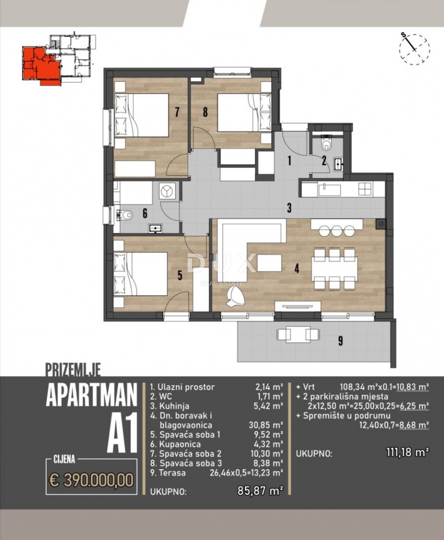 ŠIBENIK, BRODARICA - NOVOGRADNJA, Luksuzno opremljeno trisobno stanovanje v pritličju z dvoriščem