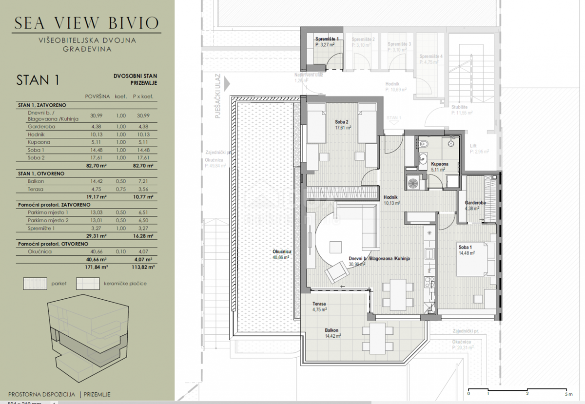 COSTABELLA, BIVIO, KANTRIDA - ekskluzivno stanovanje 101,87m2 pritličje, 100m od morja, čudovit razgled + vrt 40m2 - APARTMA 1