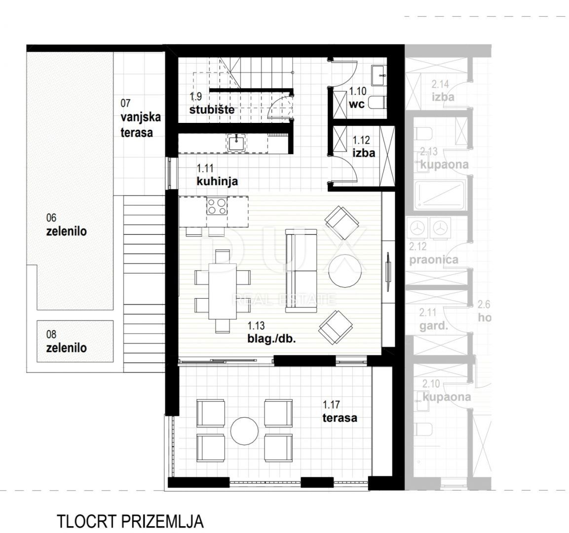 RIJEKA, KOSTRENA - ekskluzivno dvonadstropno stanovanje 163,89 m2 novogradnja s čudovitim pogledom na morje in bazen + vrt 176,65 m2 - S1-D