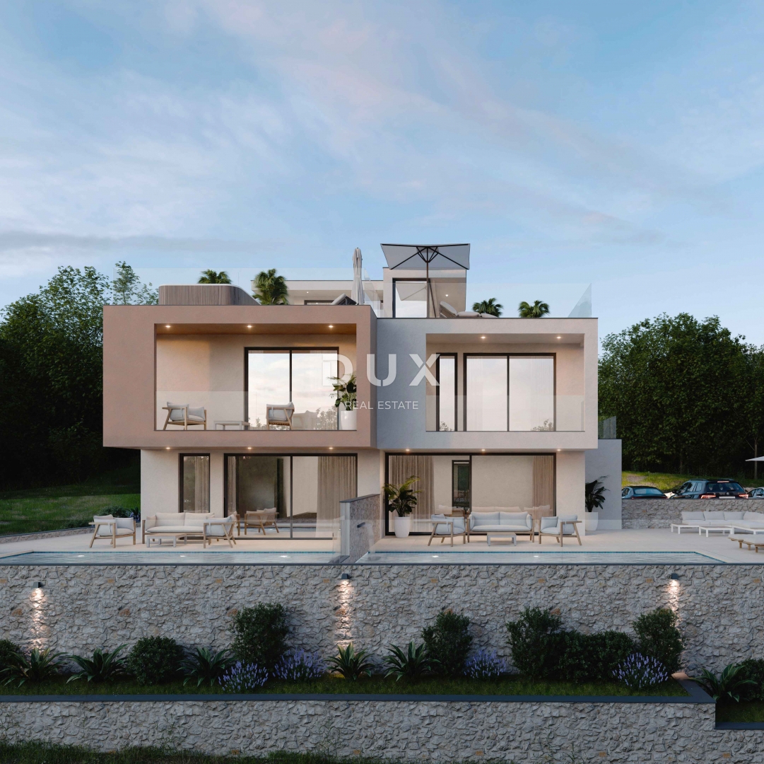 ŠIBENIK, VODICE - DVOJNI HIŠA z bazenom, strešno teraso in pogledom na morje