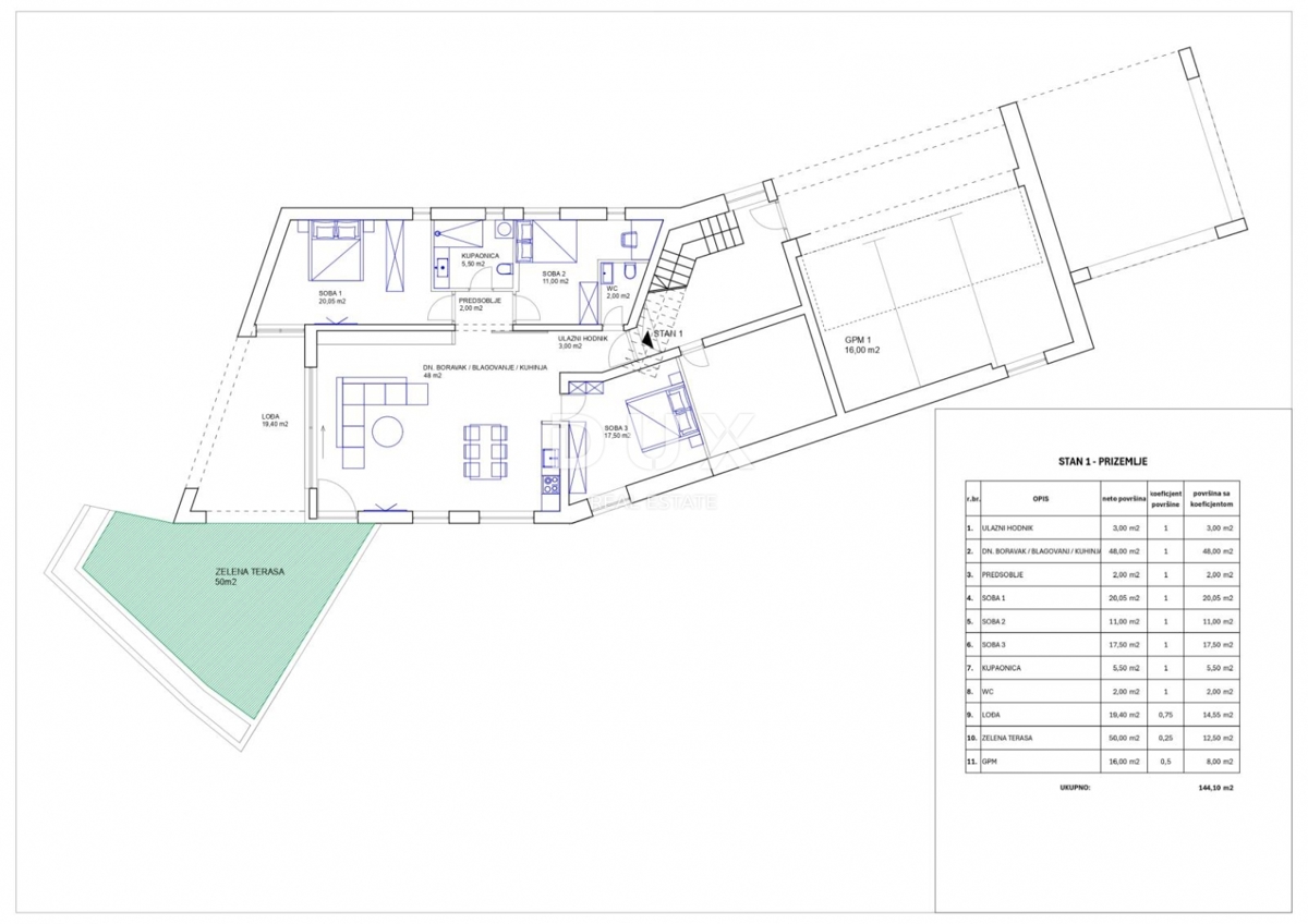 IČIĆI, POLJANE - stanovanje v novogradnji, 144m2, visoko pritličje, dnevna soba + 3 spalnice s pogledom na morje + 50m2 okolice