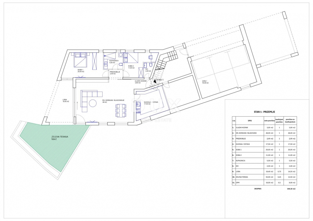 IČIĆI, POLJANE - stanovanje v novogradnji, 144m2, visoko pritličje, dnevna soba + 3 spalnice s pogledom na morje + 50m2 okolice