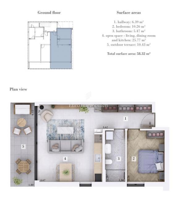 Istra, okolica Rovinja – novogradnja, stanovanje velikosti 58,32 m² z vrtom