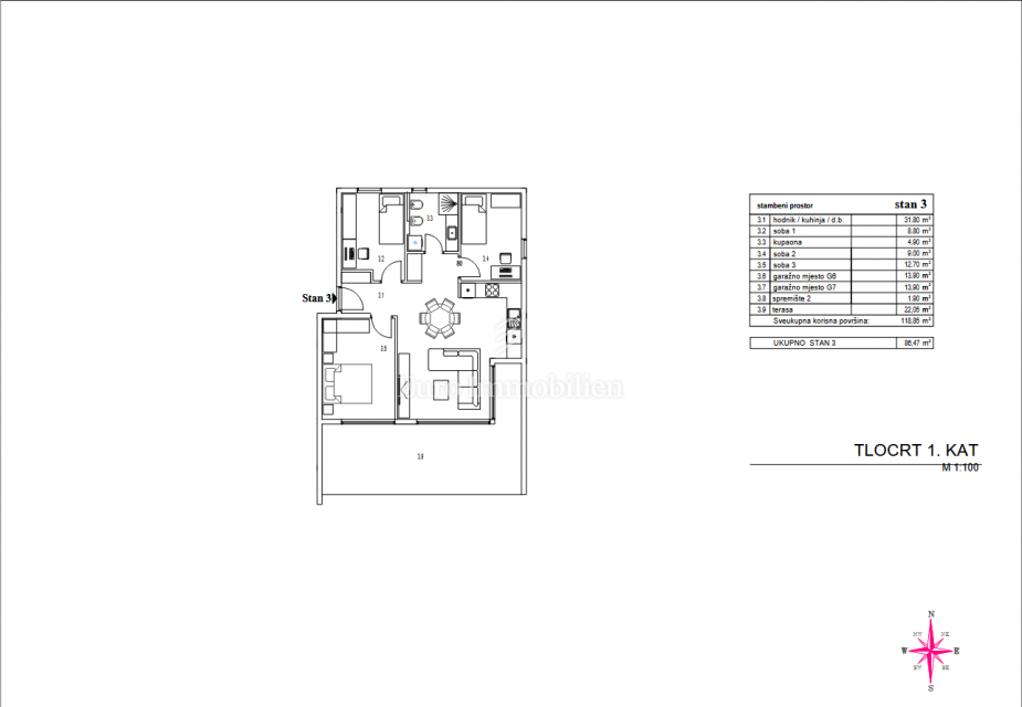 Kantrida - Moderno trisobno stanovanje z dvema garažnima mestoma
