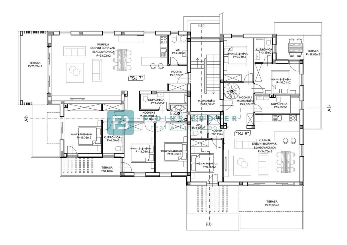 SRIMA, dvonadstropna luksuzna penthouse s strešno teraso, 1. vrsta do morja