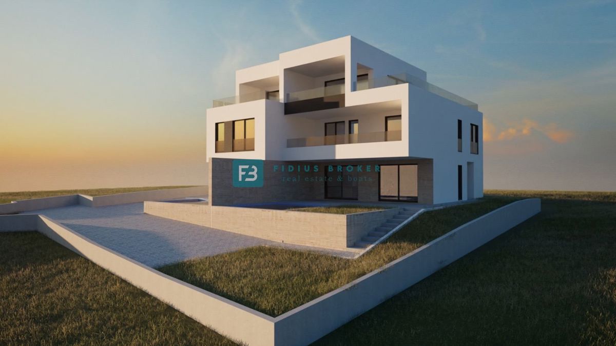 VODICE, gradbeno zemljišče s projektom, pogled na morje, 2 stanovanjski enoti, 2 bazena