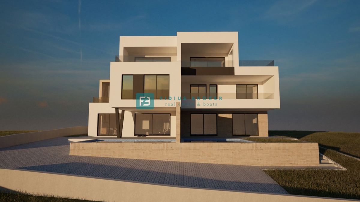 VODICE, gradbeno zemljišče s projektom, pogled na morje, 2 stanovanjski enoti, 2 bazena