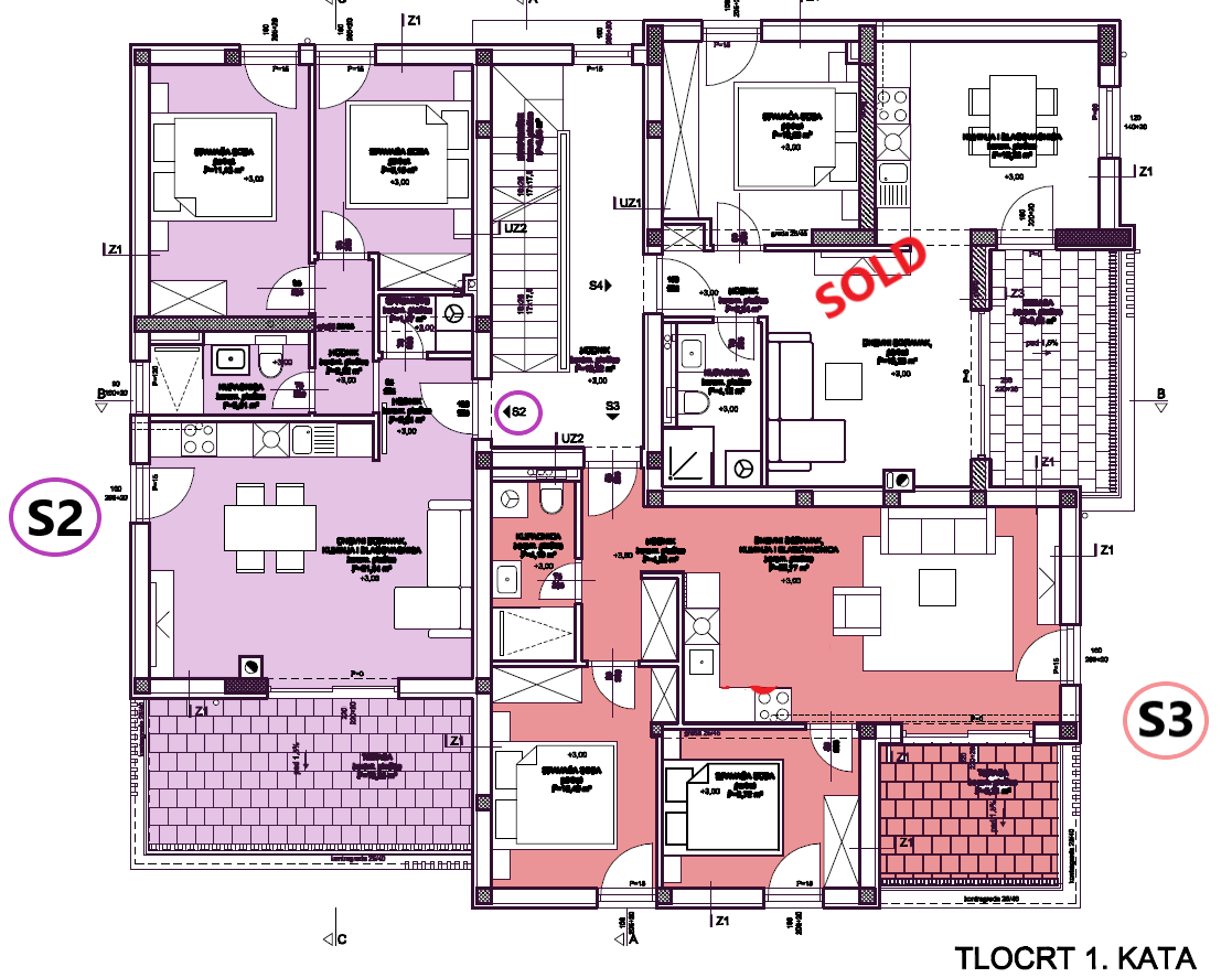 VODICE, novo, 1. nadstropje, 2 spalnici, 650 m do plaže, terasa