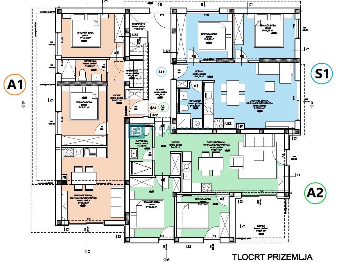 VODICE, novo, 1. nadstropje, 2 spalnici, 650 m do plaže, terasa