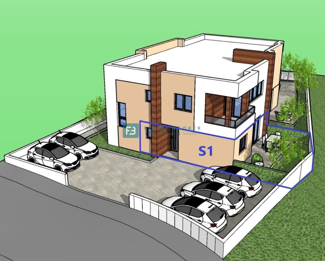 VODICE, novogradnja, pol samostojna hiša, bazen, dvorišče 188 m2, 4 spalnice