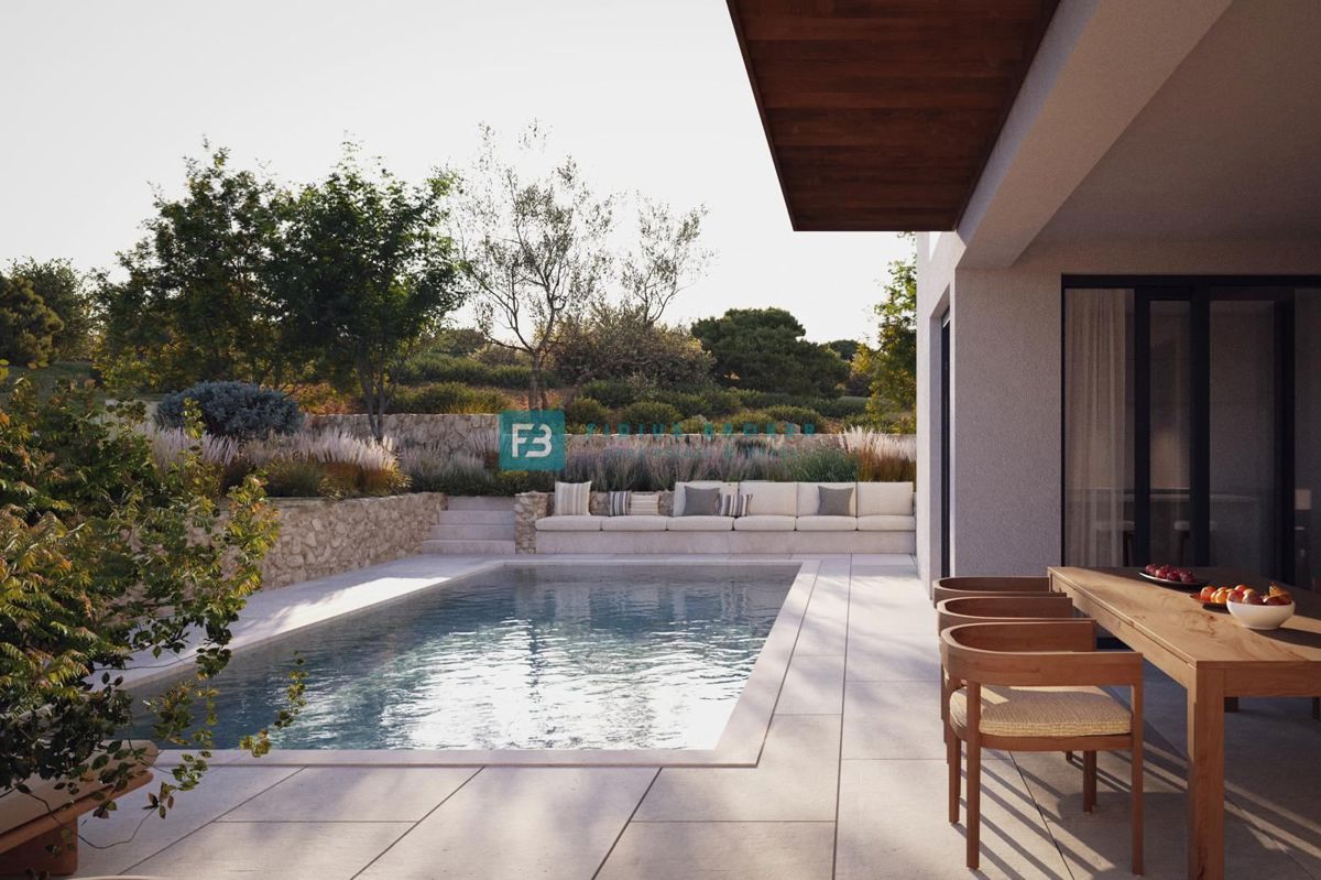 VODICE, novogradnja, pol samostojna hiša, panoramski razgled, bazen, strešna terasa