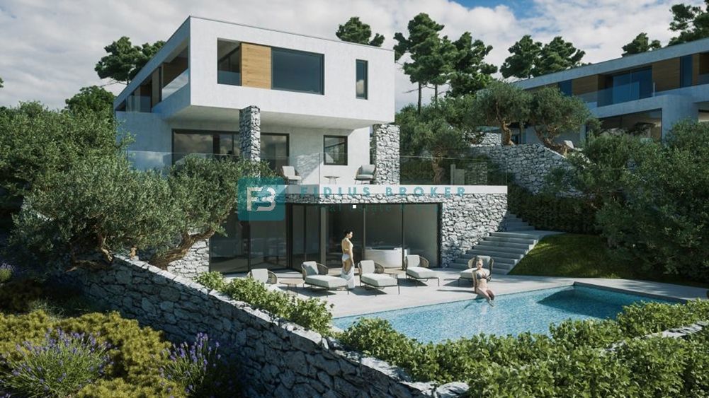 VODICE, nov projekt, tri vile z bazeni, wellness, panoramski razgled, 390,09m2