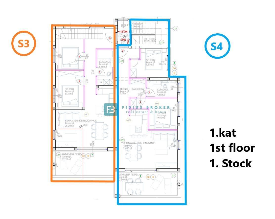 VODICE, novogradnja, dvoetažno stanovanje, pogled na morje, strešna terasa