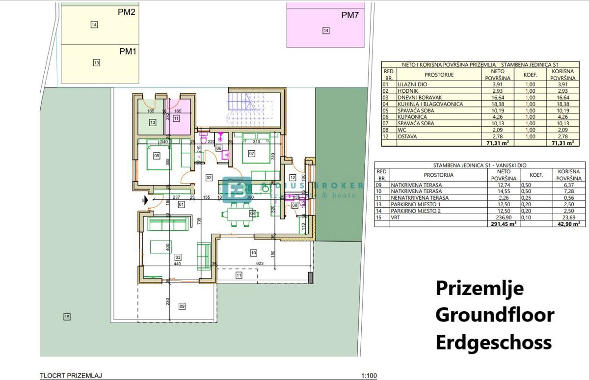 TRIBUNJ, novo, 1. nadstropje, pogled na morje, 500 m do plaže, shramba, 3 spalnice