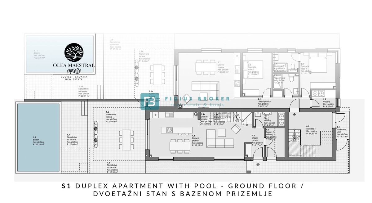 VODICE, novogradnja, dvonadstropno luksuzno stanovanje, bazen, vrt 145 m2