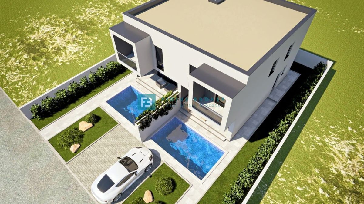 VODICE, novogradnja, družinska hiša, 2 ločena apartmaja, bazen, parkirišče