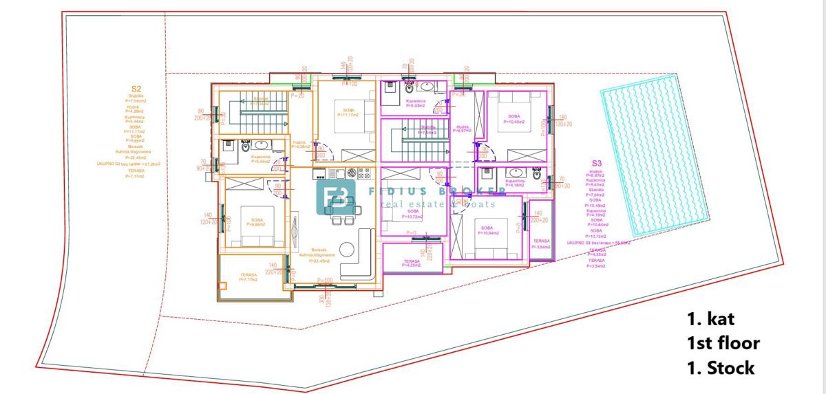 VODICE, novo, dvoetažno stanovanje, bazen, dvorišče 188 m2, 4 spalnice