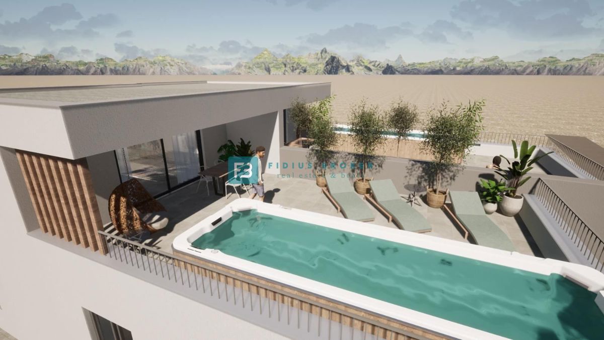 VODICE, novogradnja, dvoetažno stanovanje, pogled na morje, strešna terasa