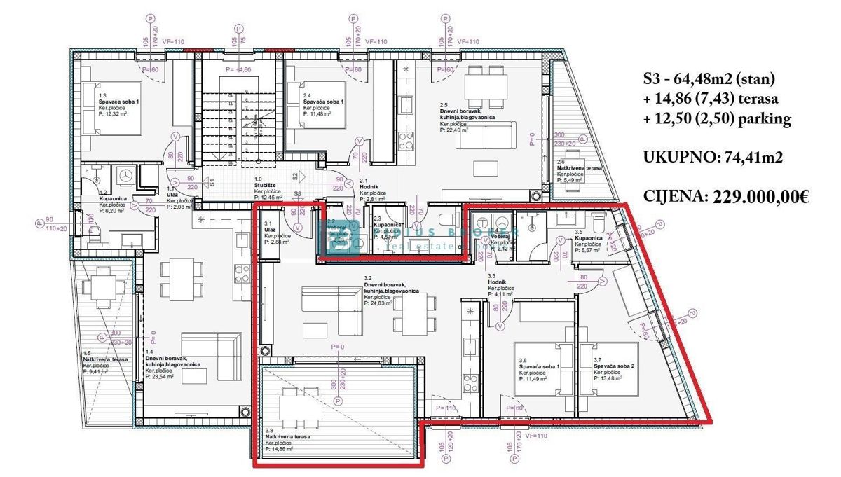 VODICE, nov projekt, 2. nadstropje, 2 spalnici, 900 m do plaže, S6