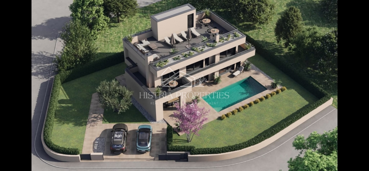 Moderna udobna vila s strešno teraso, kakovostno opremo in edinstvenim razgledom