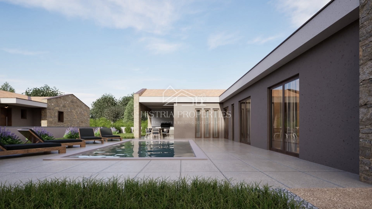 Moderno zasnovana enonadstropna hiša z bazenom in pomožnim poslopjem