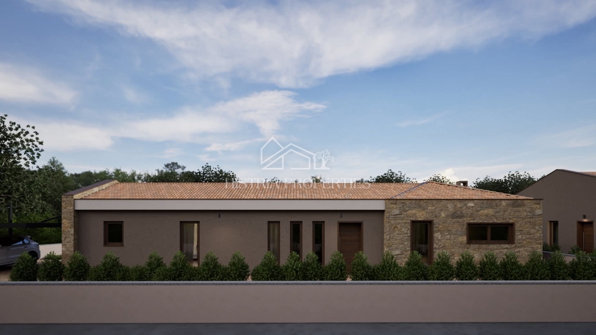 Moderno zasnovana enonadstropna hiša z bazenom in pomožnim poslopjem