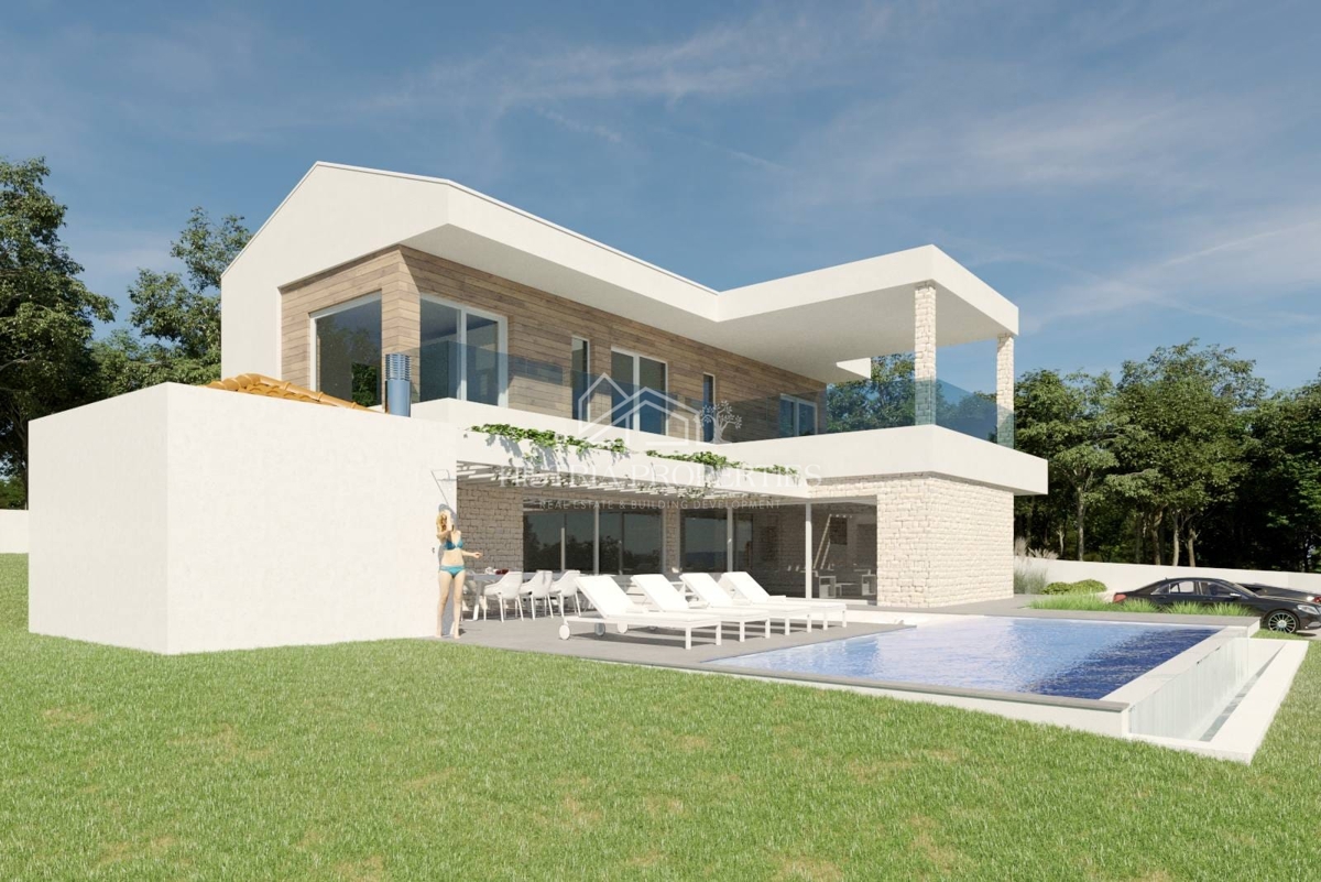 Panoramski pogled na morje in atraktivna lokacija s sodobnim projektom, pripravljenim za gradnjo