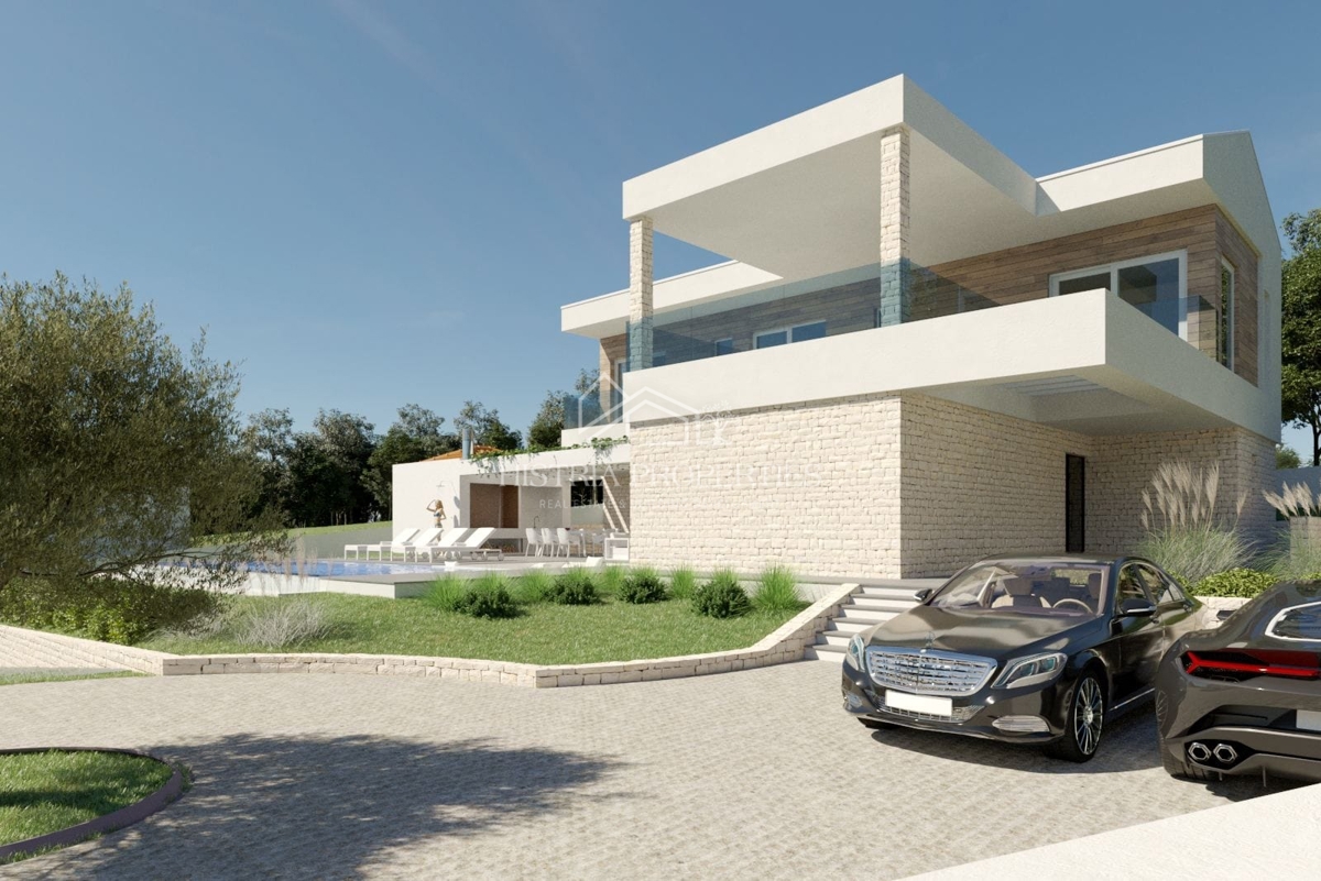 Panoramski pogled na morje in atraktivna lokacija s sodobnim projektom, pripravljenim za gradnjo