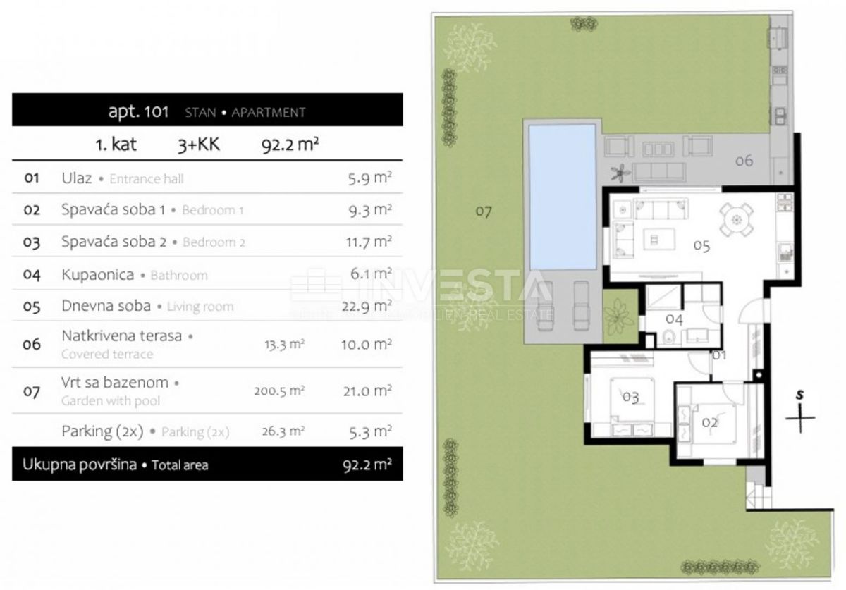 Medulin, Premantura, luksuzno stanovanje 99 m² s bazenom, vrtom in 2 parkirnima mestoma