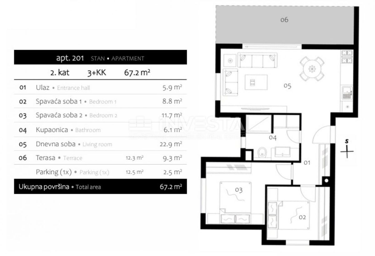 Medulin, Premantura, sodoben nov stan, terasa, parkirišče